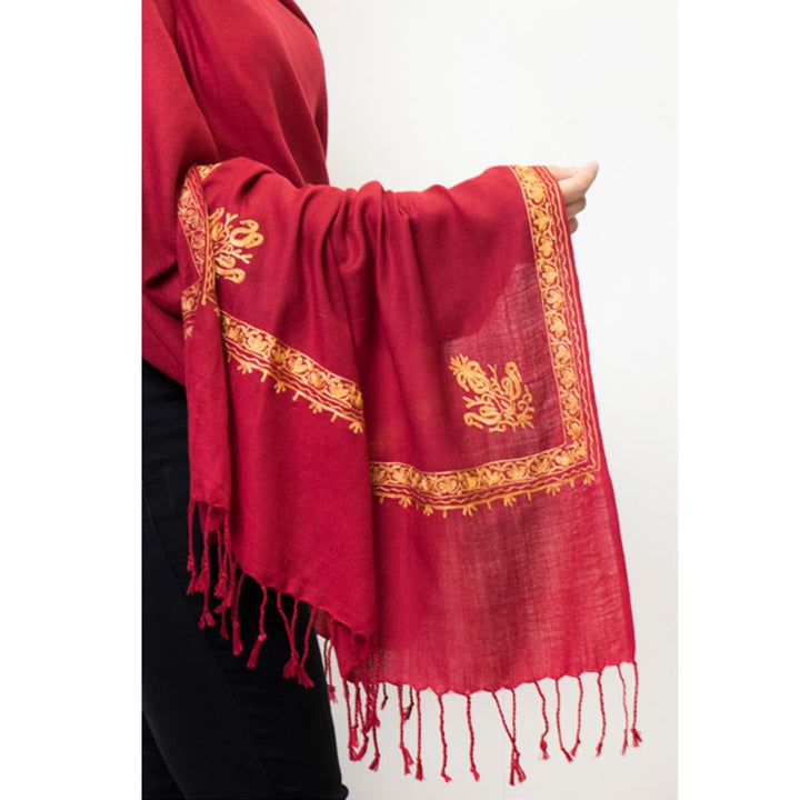 Pashmina Store with Resham Embroidered Border Maroon