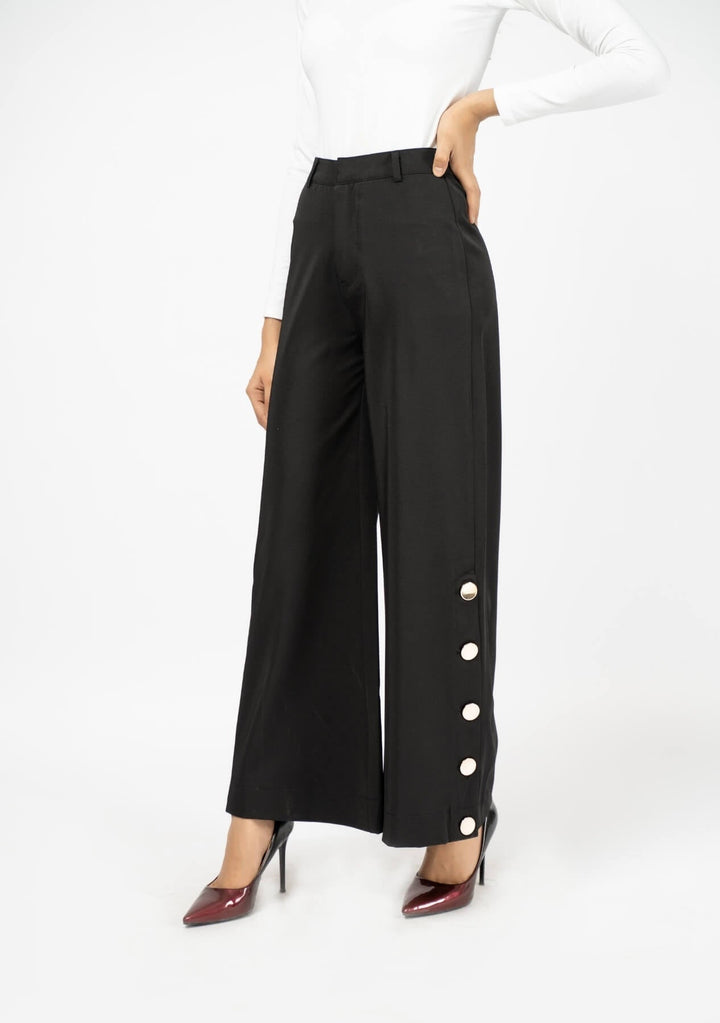 Nine90nine- Wide Leg Side Slit Pant (Metal Button) - Black