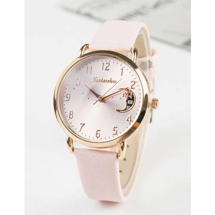 Shein- Moon & Star Pattern Dial Round Pointer Quartz Watch