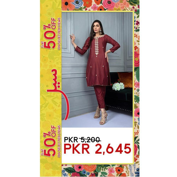 Keshia- KSR002 – Maroon Raw Cotton Straight 2 Piece Embroidered-KSR002