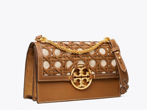 Tory Burch-Miller Basket Weave Shoulde Bag Moose with white base