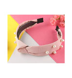 Trendy Pearl Headband Plain Silk Colors Cloth Hair Band Bezel For Women- Pink