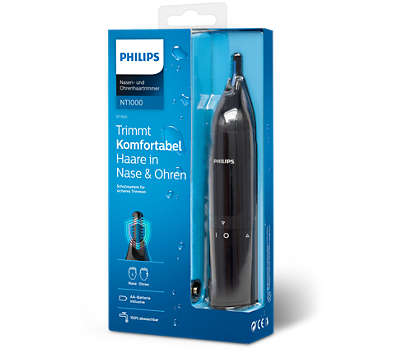 Philips Nose and ear trimmer: 100% water-proof, Powerful tube trimmer, AA-battery, 1 eyebrow comb 3mm, protective cap, black.