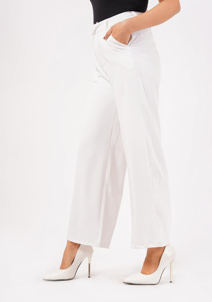 Nine90nine- High Rise Wide Leg Pant With Pocket - White