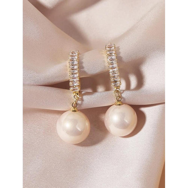 Shein- Faux Pearl & Zircon Decor Drop Earrings- Champagne