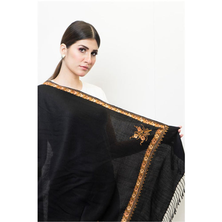 Pashmina Store with Resham Embroidered Border Black n Rust