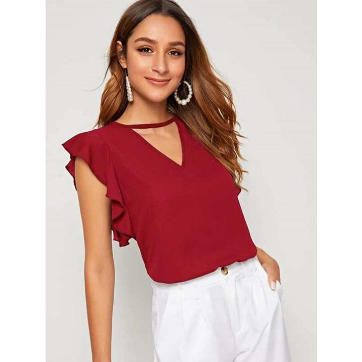 Mardaz- V Cut Neck Butterfly Sleeve Top Md2150- Red