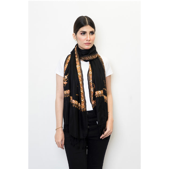 Pashmina Store with Resham Embroidered Border Black n Rust