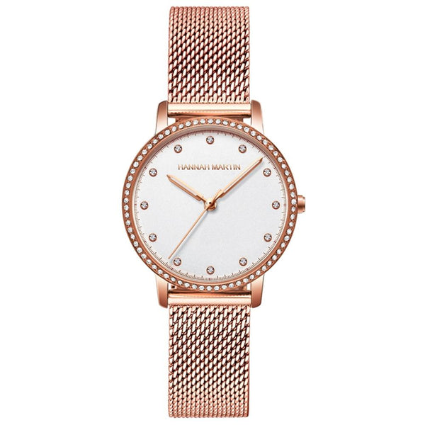 Hannah Martin- HM-107 Fashion Yong Girl Wrist Watch Rhinestone Elegant Bracelets Womens Ladies Branded Watches- Golden with White Dial