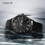 Tomi Black Dial Day Date Quartz Wrist Watch Black Leather Strap Watch