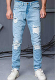 Ignite- Mens Vintage Highly Distressed Patched Jeans - Light Blue