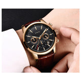 Lige- 9866 Stylish Mens Quartz Wrist Watches Leather Strap Chrono Reloj Luxury Men Watches Waterproof- Brown- Black Dial
