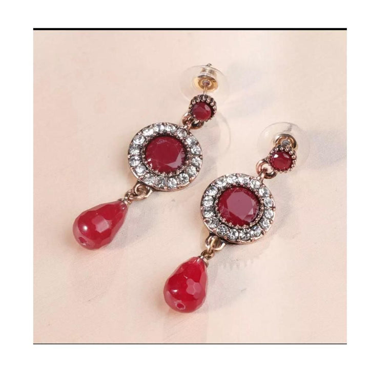 Pink Panda- Antique gold drop earrings (red)