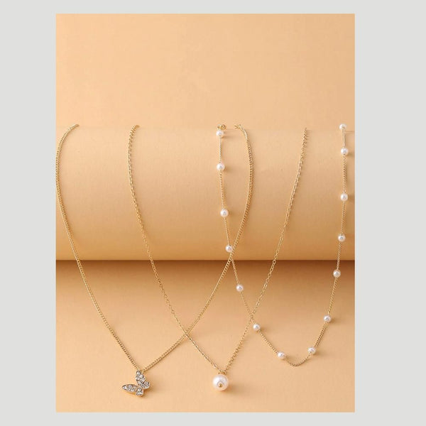 Romwe- 3pcs Butterfly Faux Pearl Pendant Necklace