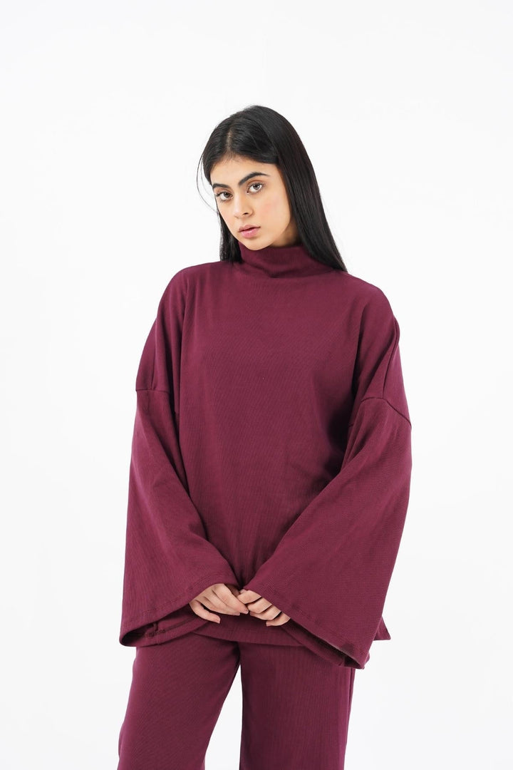 Nine90nine  - Oversized Bell Sleeve Knit Top - maroon