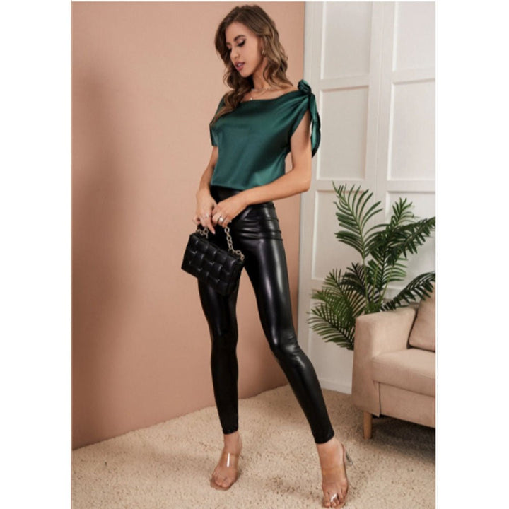 Shein- Tie Shoulder Asymmetrical Neck Satin Blouse