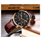 Lige- 9866 Stylish Mens Quartz Wrist Watches Leather Strap Chrono Reloj Luxury Men Watches Waterproof- Brown- Black Dial