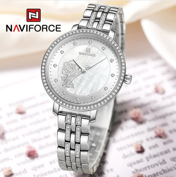 Naviforce- Luxury Brand Female Fashion Quartz Stainless Steel Waterproof Wrist Watch-NF5017 Silver