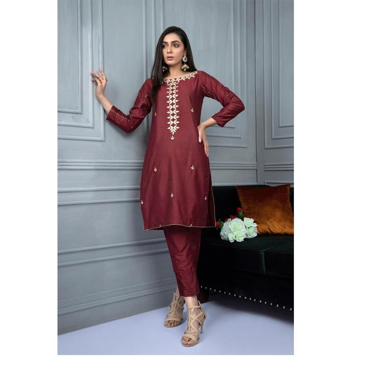 Keshia- KSR002 – Maroon Raw Cotton Straight 2 Piece Embroidered