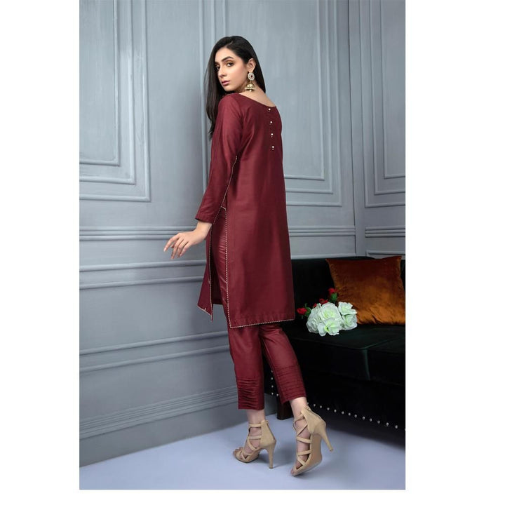 Keshia- KSR002 – Maroon Raw Cotton Straight 2 Piece Embroidered