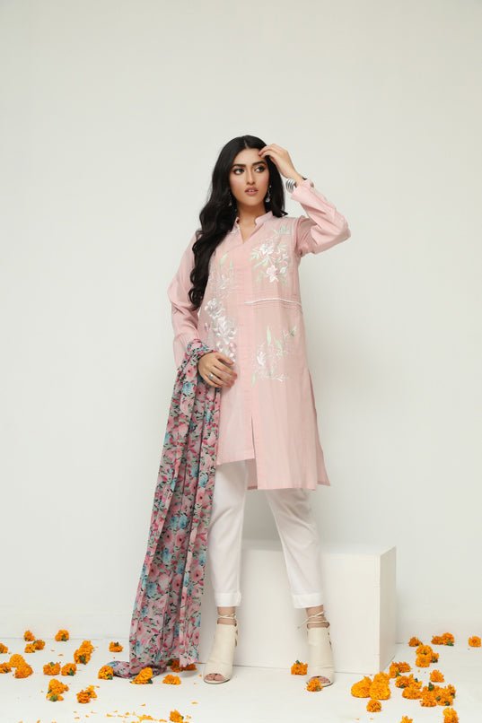 Sheep Pastel Berry Embroidered Shirt With Dupatta