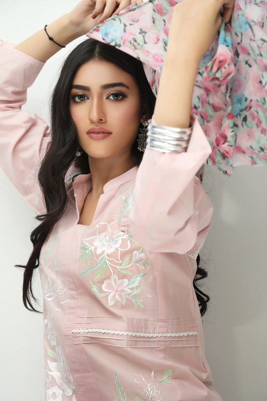 Sheep Pastel Berry Embroidered Shirt With Dupatta