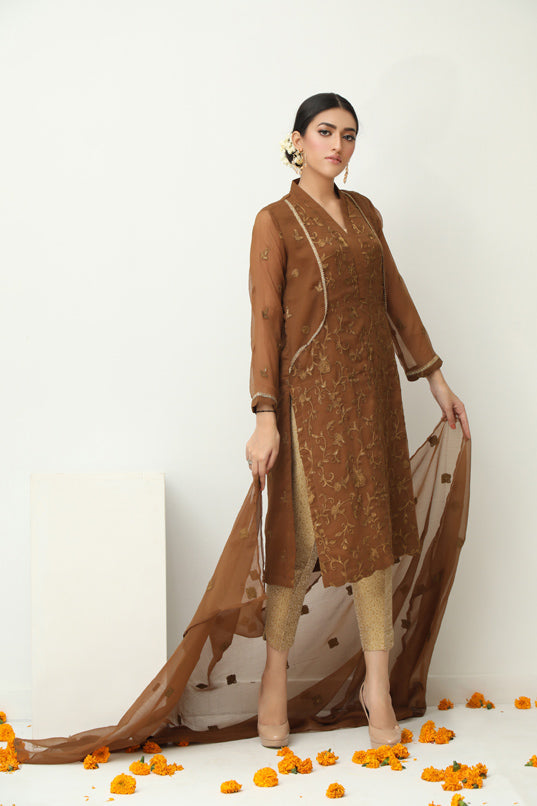 Sheep Olivia Brown Embroidered Shirt With Dupatta