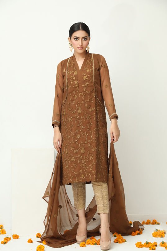 Sheep Olivia Brown Embroidered Shirt With Dupatta