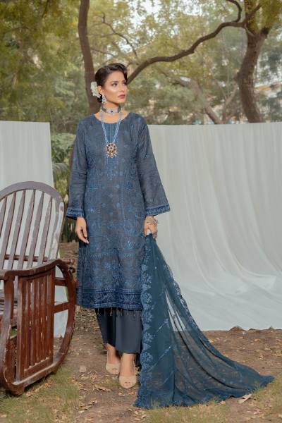 Bunai Semi Stitched Sequins Embroidered Luxury Viscose Self Jaquard with Bamber Chiffon Cuttwork Duppata BUN-007