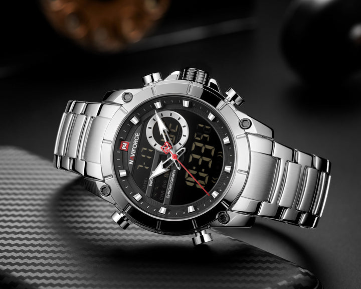 NAVIFORCE- Men Military Sport Watches Digital Analog Waterproof Stainless Steel Wristwatch NF9163 Silver