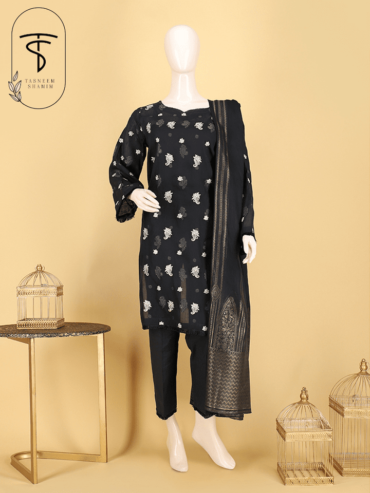 Roshnaay- Deep Black Jacquard and Embroidered Unstitched 3 Piece Suit