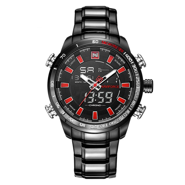 NAVIFORCE- NF9093 Stainless Steel Dual Display Wrist Watch for Men- Black and Red