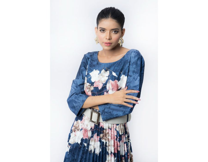 Sana Noor- Blueish Grey Western Cut Pleated Frock Euphoria