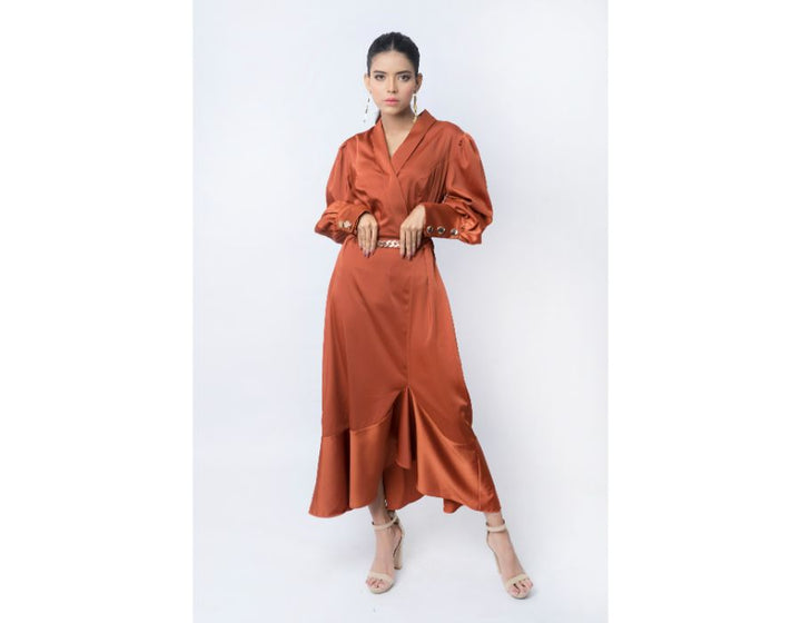 Sana Noor- Rust Colur Western Style Coat In Korean Silk Noura