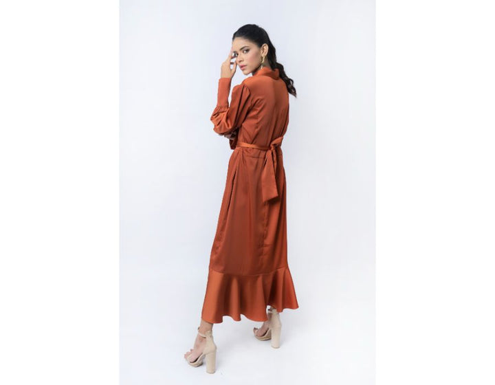 Sana Noor- Rust Colur Western Style Coat In Korean Silk Noura