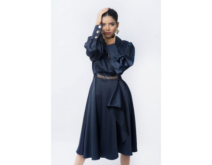 Sana Noor- Navy Blue Western Style Coat In Korean Silk Elira