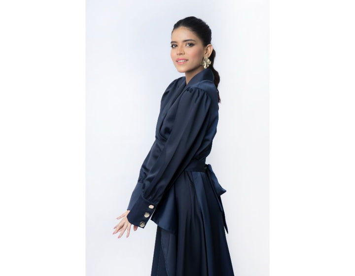 Sana Noor- Navy Blue Western Style Coat In Korean Silk Elira