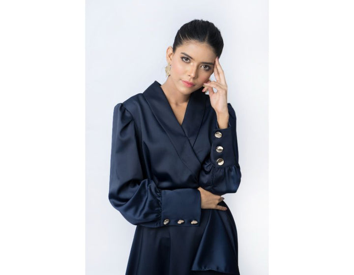 Sana Noor- Navy Blue Western Style Coat In Korean Silk Elira