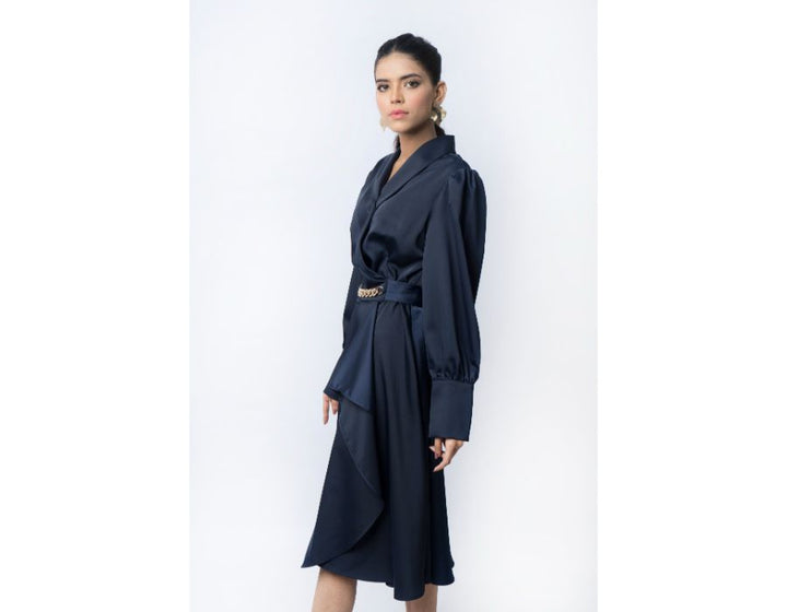 Sana Noor- Navy Blue Western Style Coat In Korean Silk Elira