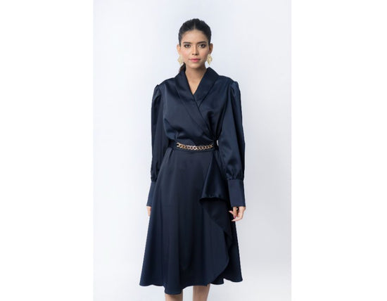 Sana Noor- Navy Blue Western Style Coat In Korean Silk Elira