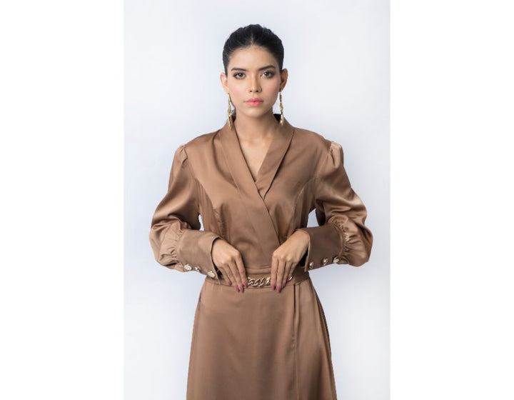 Sana Noor- Beige-Brown Western Style Coat In Korean Silk bliss