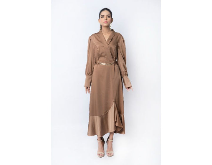 Sana Noor- Beige-Brown Western Style Coat In Korean Silk bliss