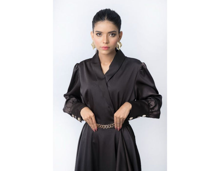 Sana Noor- Black Western Style Coat In Korean Silk elara