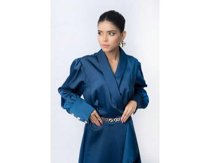 Sana Noor- Blue Western Style Coat In Korean Silk avery