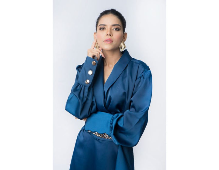 Sana Noor- Blue Western Style Coat In Korean Silk avery