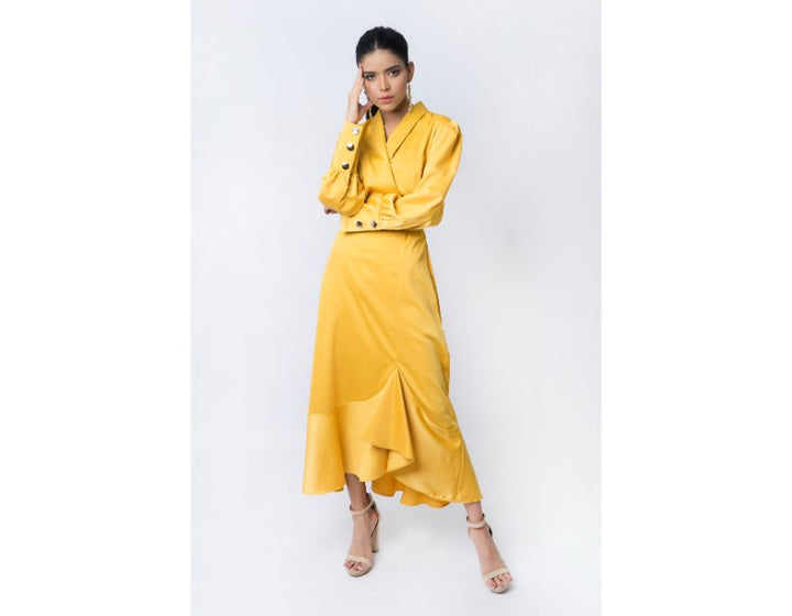 Sana Noor- Yellow Western Style Coat In Korean Silk Bloom