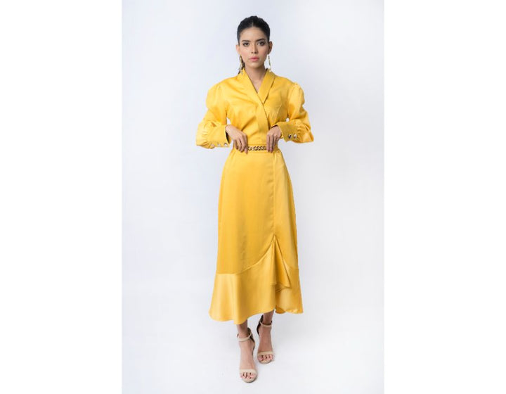 Sana Noor- Yellow Western Style Coat In Korean Silk Bloom