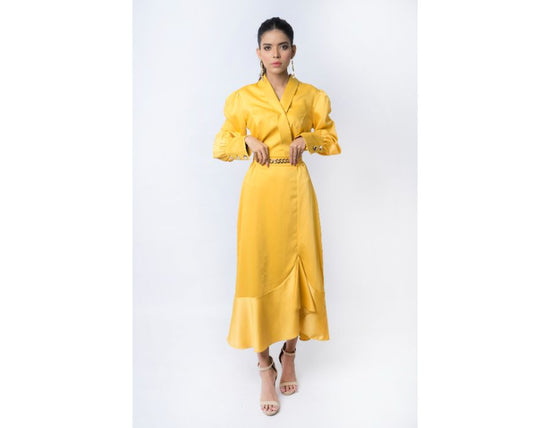 Sana Noor- Yellow Western Style Coat In Korean Silk Bloom