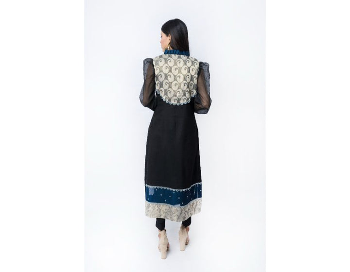 Sana Noor- Black Cotton Net Embroided kurti