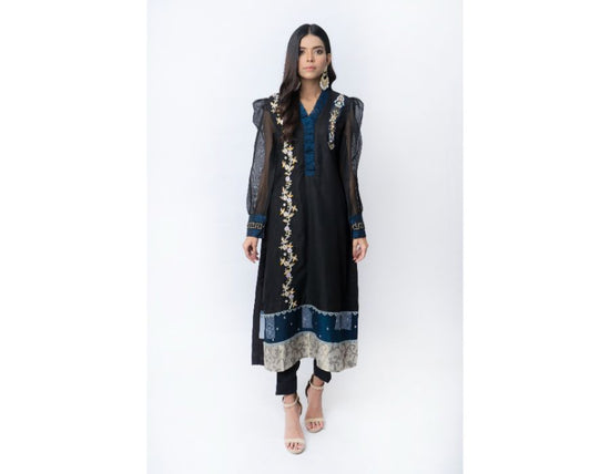 Sana Noor- Black Cotton Net Embroided kurti